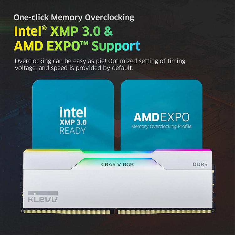 خرید رم KLEVV Cras V RGB DDR5 - ظرفیت 32 گیگابایت - دو کاناله - سرعت 7200 مگاهرتز - CL34 - سفید - دارای مهر تأیید ROG